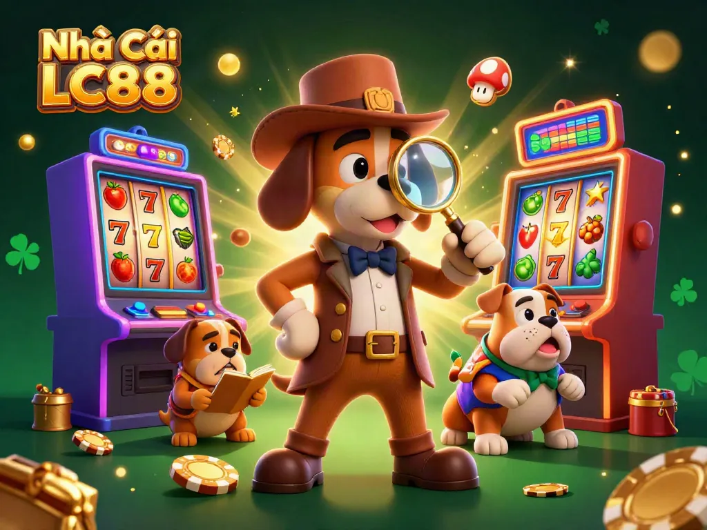 Engage with Nhà Cái LC88 as a 3D detective explores golden poker chips amidst vibrant slot machines.
