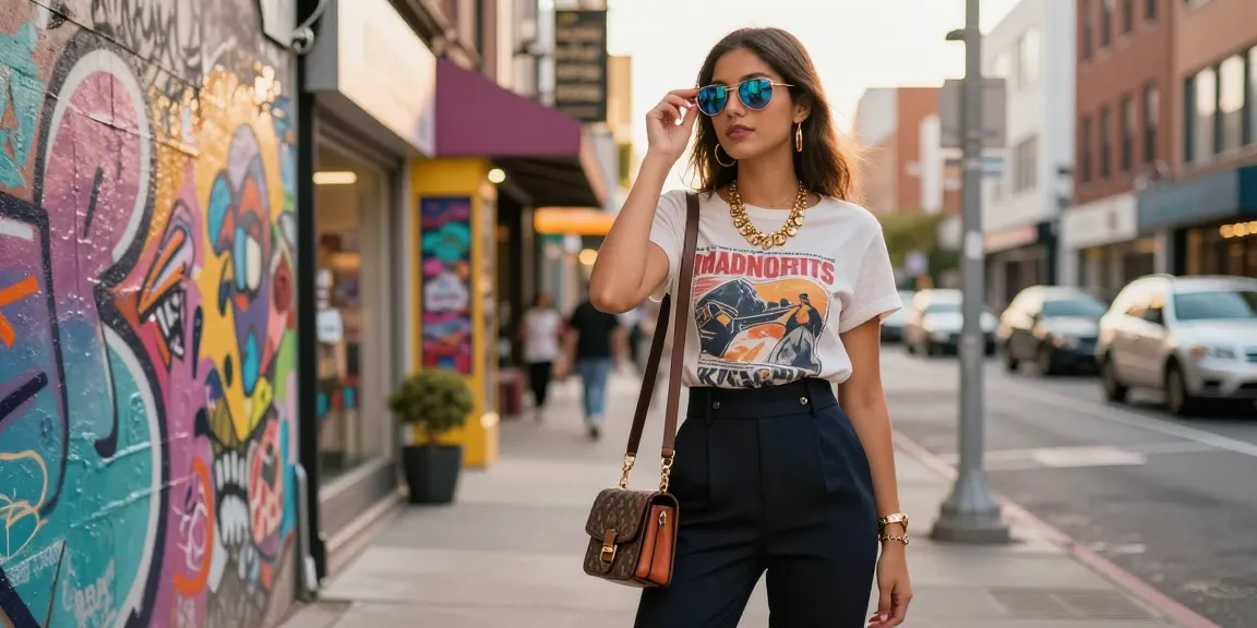 Fashion tips showcased by a stylish young woman in urban outfit against a colorful backdrop.