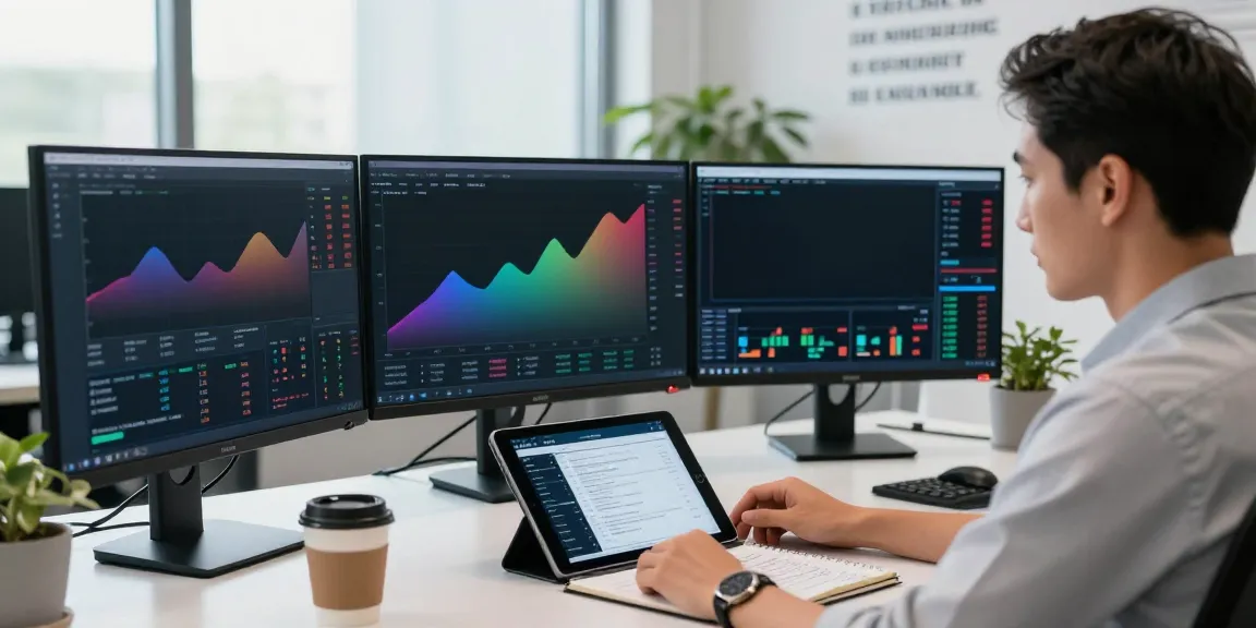 Engaged trader operates AI trading tools on multiple screens at slatecapivex.ca in a modern office.