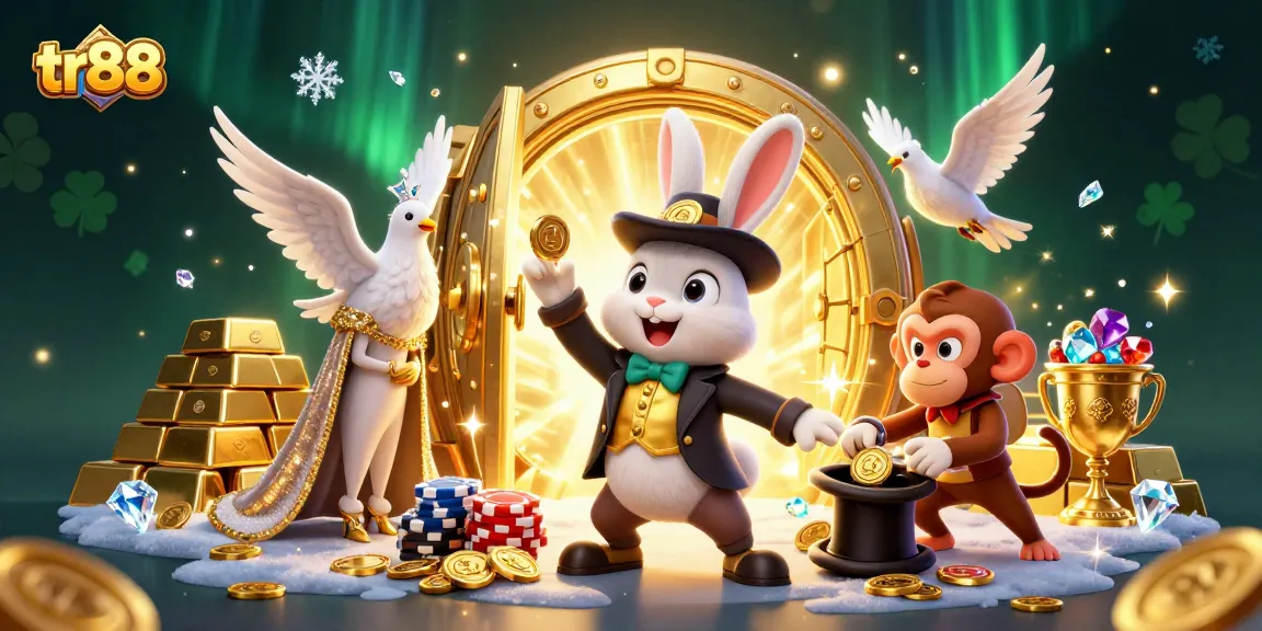 Win exciting rewards with tr88 as a magician rabbit pulls golden coins in a vibrant casino scene.