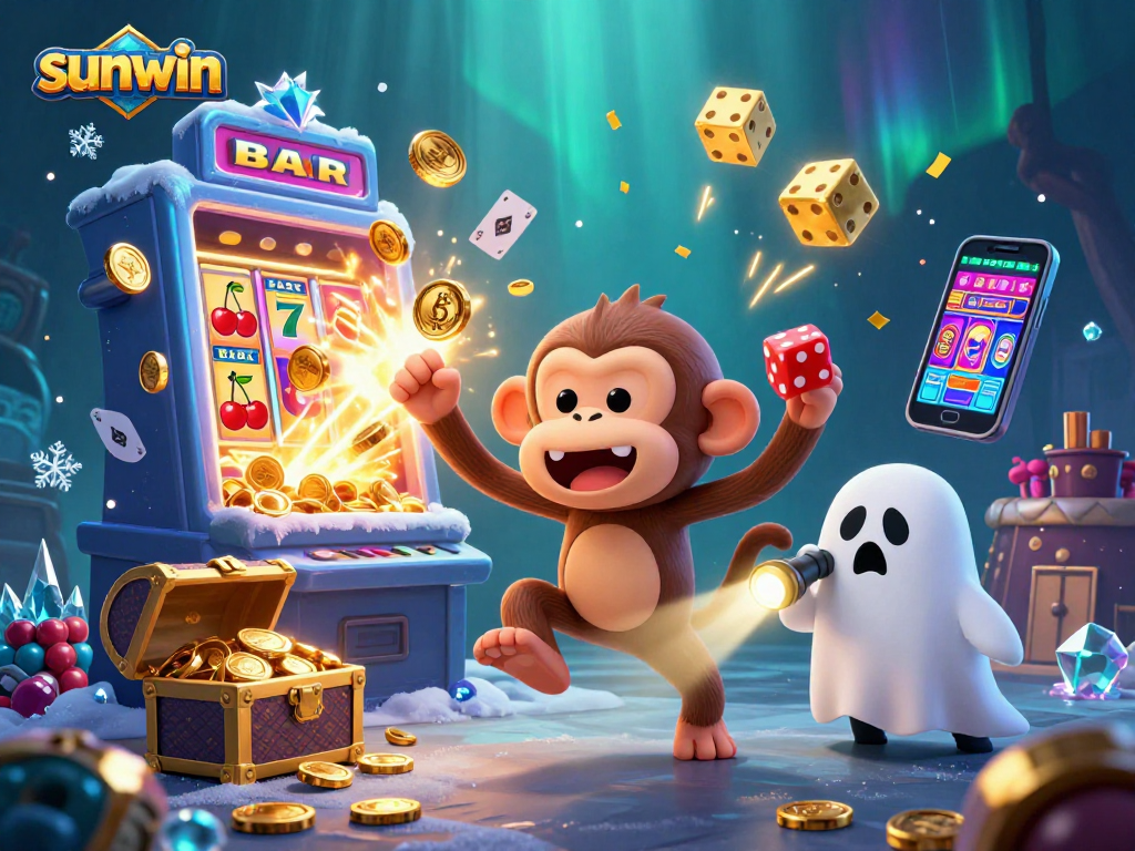 Experience thrilling wins at Sunwin with a haunted casino scene featuring a poltergeist monkey and ghost-hunter puppy.