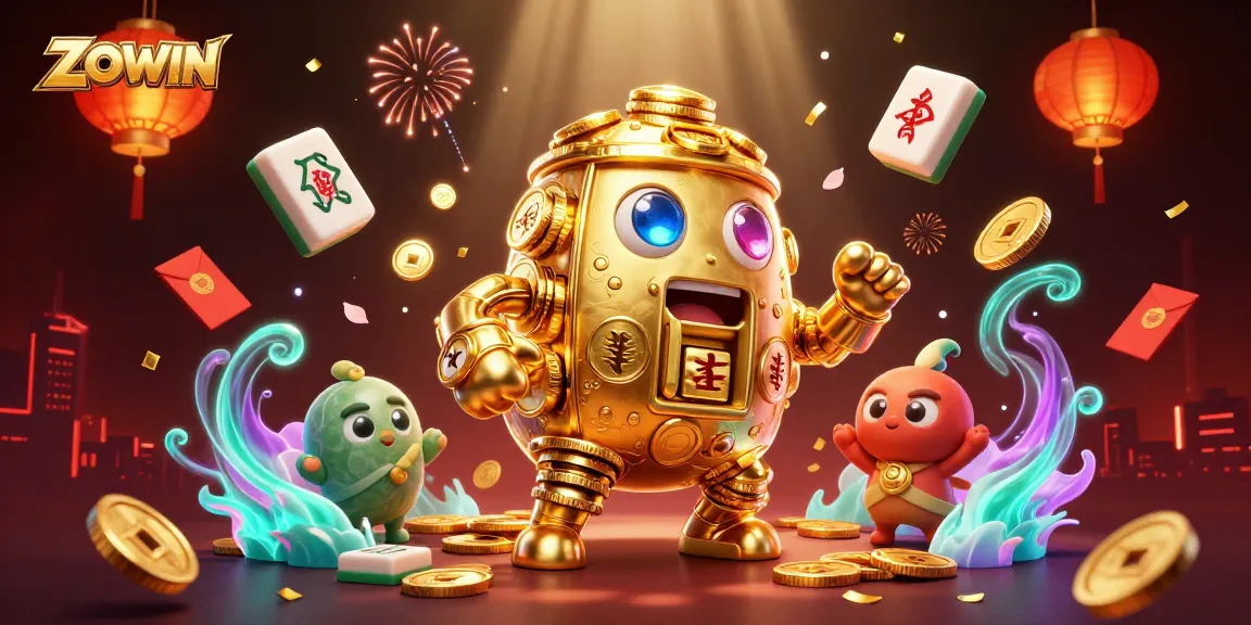 ZOWIN showcases thrilling online casino gaming with a golden golem and vibrant fortune symbols.