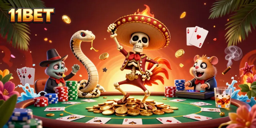 Experience excitement with 11BET as colorful characters celebrate in a vibrant casino scene.