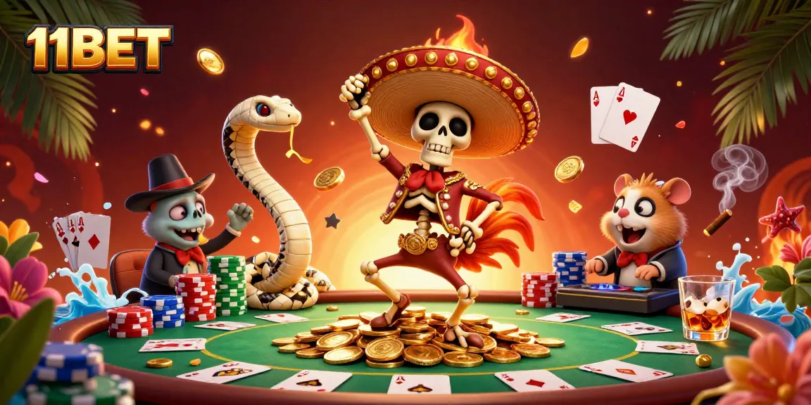 Experience excitement with 11BET as colorful characters celebrate in a vibrant casino scene.