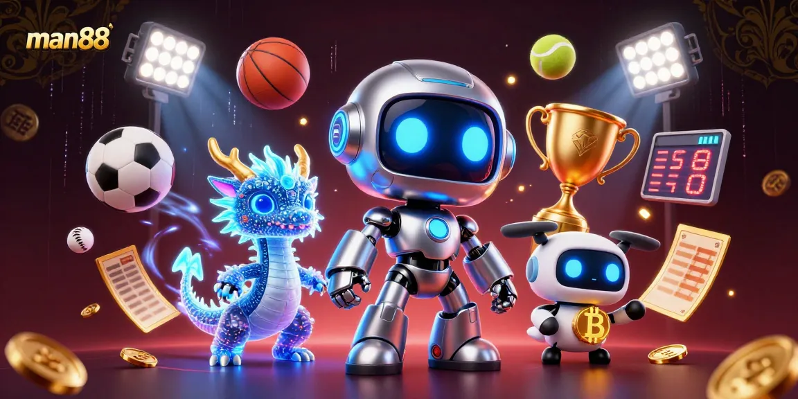 Bet on sports with man88 using a vibrant 3D illustration featuring dynamic gaming elements.
