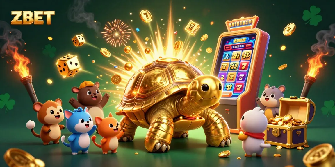 ZBET shines with an exciting jackpot scene featuring a colossal tortoise pinball machine, colorful slots, and sparkling treasures.