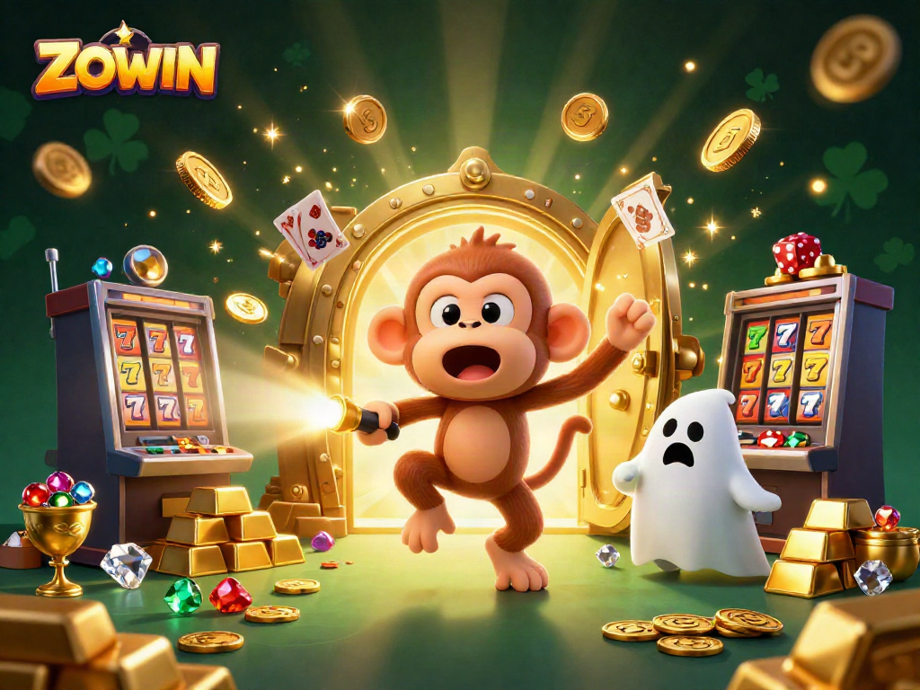 Engage in the thrilling world of ZOWIN, featuring a mischievous poltergeist monkey and collectibles in a vibrant casino.