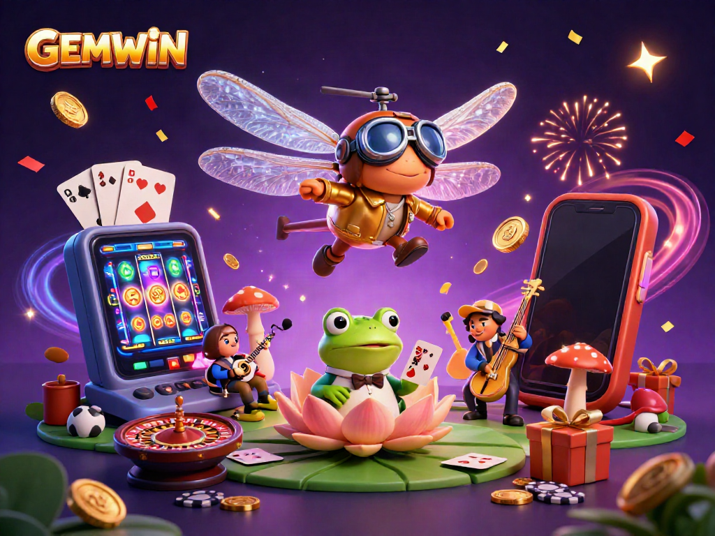 Experience the excitement at GEMWIN casino, featuring a helicopter pilot and frog dealer amidst lively gaming elements.