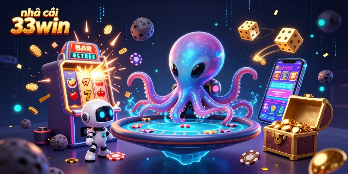 Experience a dynamic gaming scene with nhà cái 33win showcasing an alien octopus operating a holographic poker table.