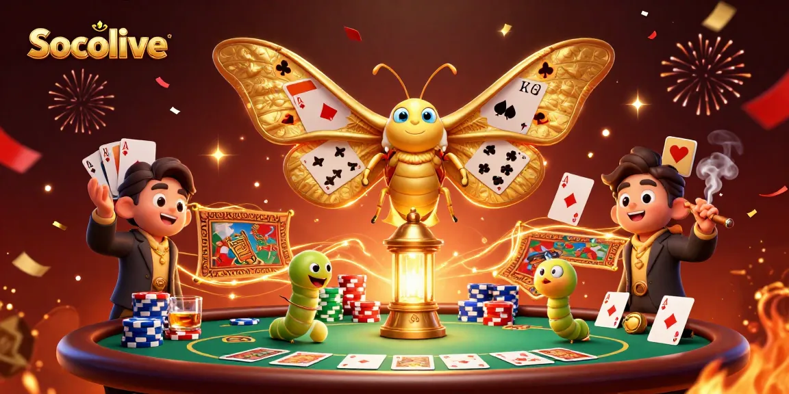 Socolive showcases live football streams with vibrant energy and dynamic casino elements surrounding a colorful moth.