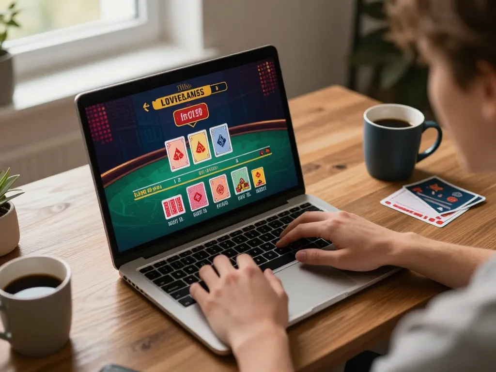 Engaging online gaming setup using game bài đổi thưởng uy tín with a live dealer on screen, showcasing strategic play.