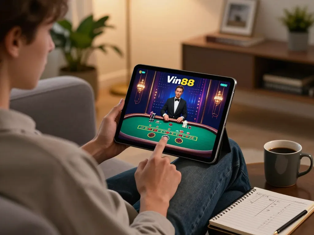Player engaging in live blackjack at Vin88 on a tablet, showcasing strategic online gambling.