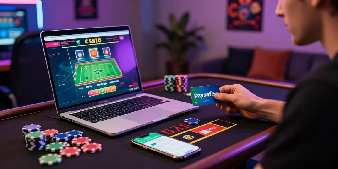 Spieler erlebt die Paysafe Card Casino-Action an einem modernen Gaming-Setup mit lebhaften Neonlichtern.