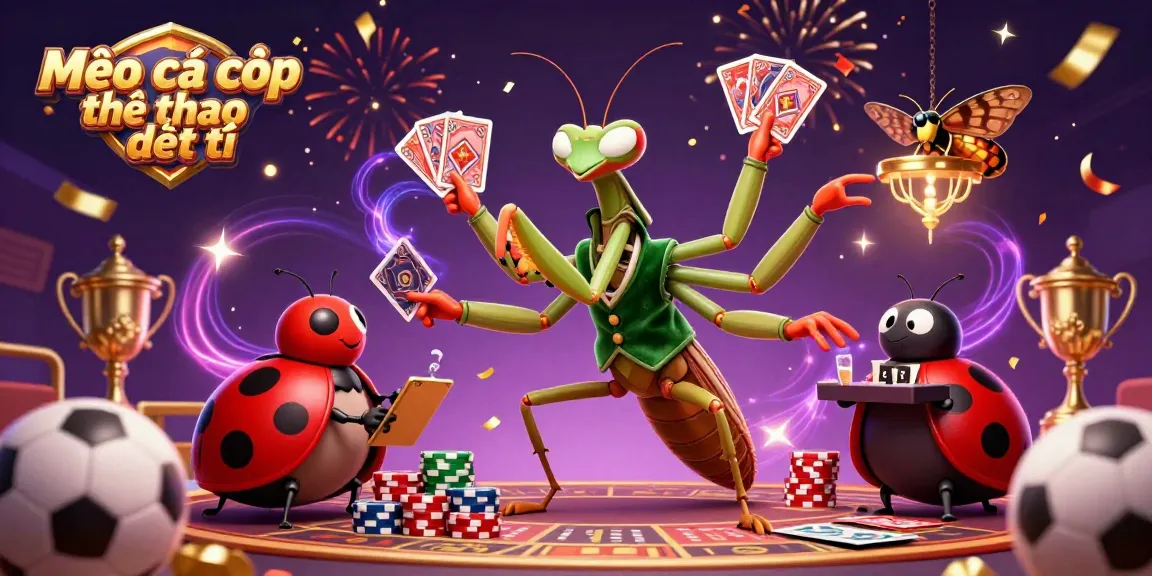 Mẹo cá cược thể thao điện tử illustrated with a giant praying mantis and ladybug in rich casino scene, showcasing sports betting elements.