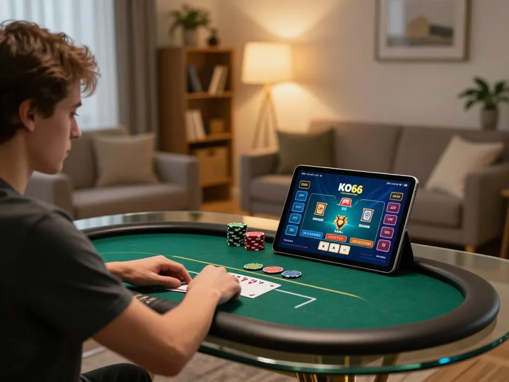 Người chơi đắm chìm trong trận đấu poker chiến lược trên ứng dụng KO66, không gian chơi game ấm cúng tại nhà