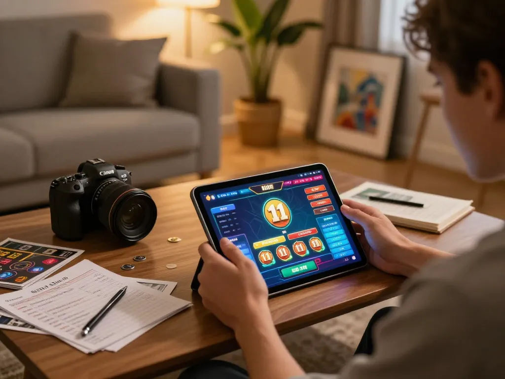Player engaging with 11 bet app on tablet in a vibrant home setting, showcasing online gambling excitement.