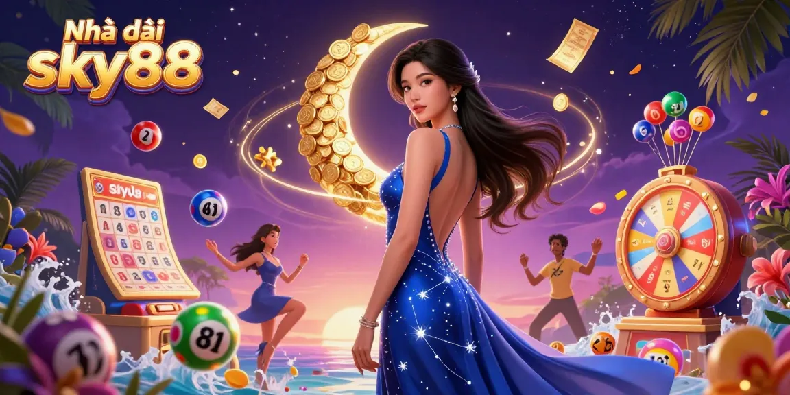 Engage with Nhà cái sky88 in this dynamic casino scene filled with colorful lottery elements and 3D symbols.