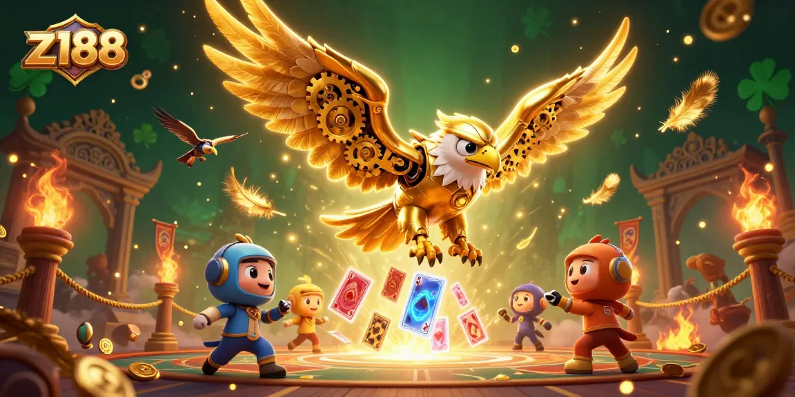 Engage with z188's thrilling gameplay as the cybernetic eagle dives through holographic cards in an immersive casino scene.