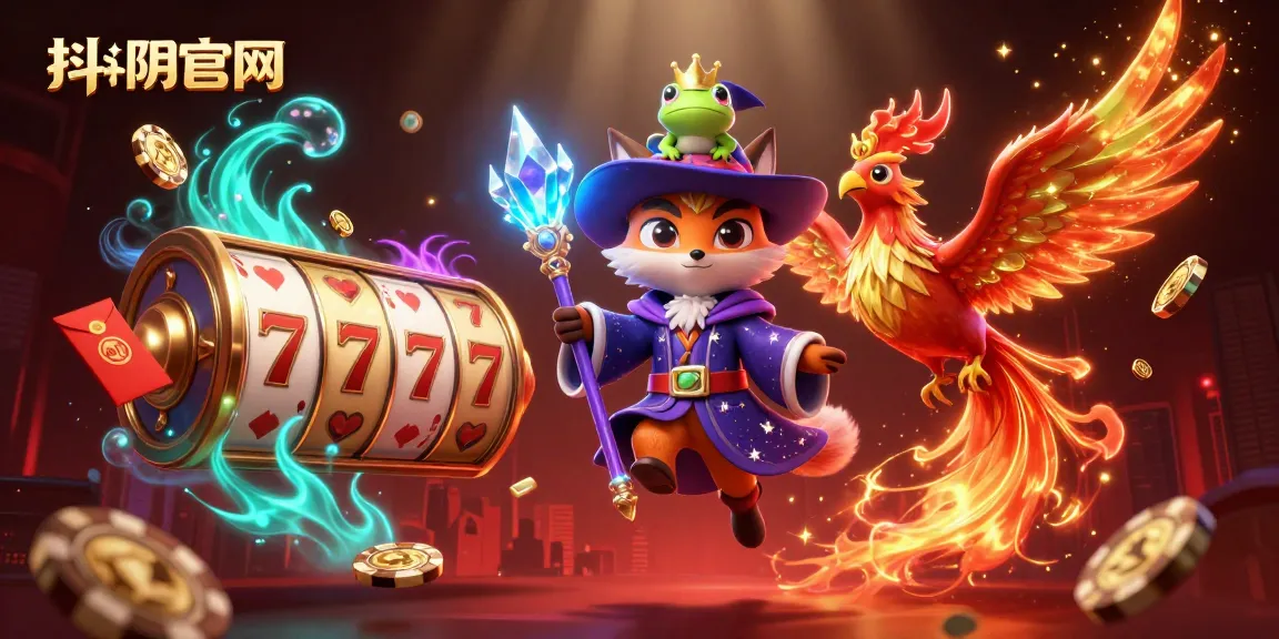 Experience the magic of 抖阴官网 with thrilling visuals of spinning slots and a mystical fox wizard.
