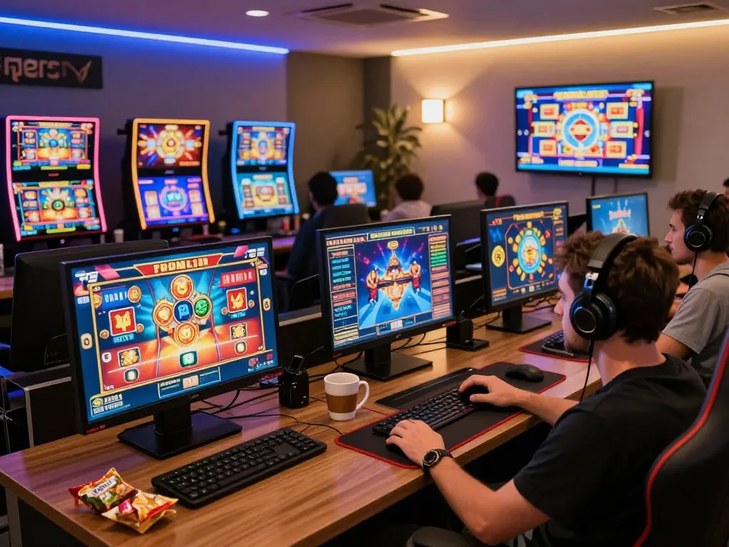 Player enjoying immersive slot pulsa games on multiple screens in a modern home gaming setup.