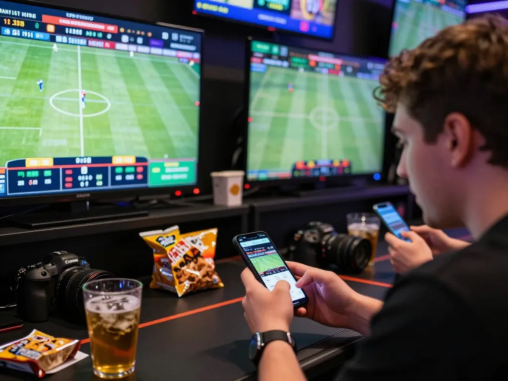 Person actively placing sports bets on 88vv app, surrounded by cheering friends and multiple screens.