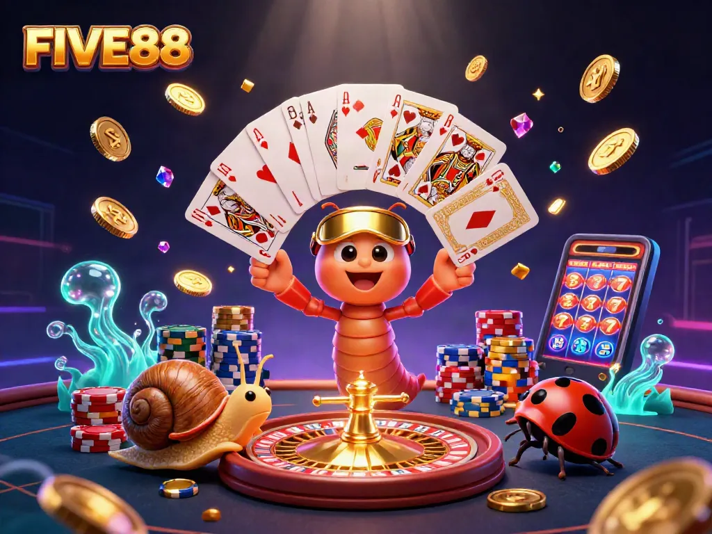 Experience thrilling gameplay at FIVE88 with vibrant casino elements and animated characters.