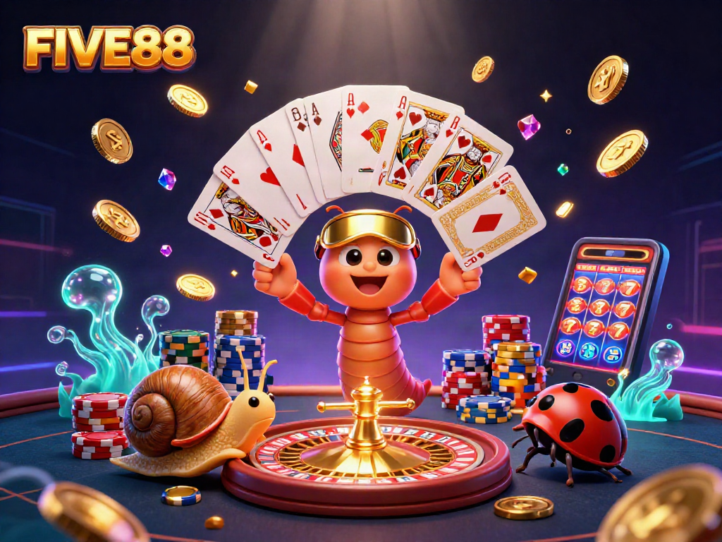 Experience thrilling gameplay at FIVE88 with vibrant casino elements and animated characters.