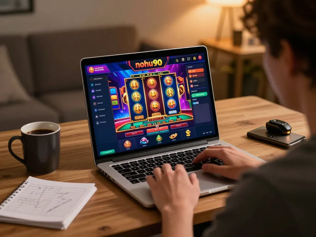 Nohu90 online gaming experience showcasing a player engaged with casino games on their laptop.