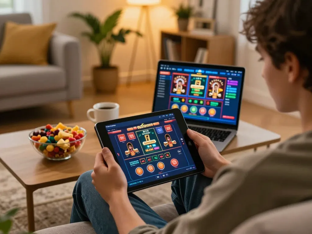 Player strategizing in 9betgame on a tablet at home, cozy setting with casual decor.