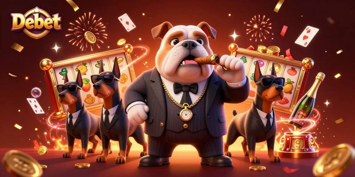 Debet casino illustration showcasing a mafia bulldog and Doberman bodyguards amidst spinning slot reels and game elements.