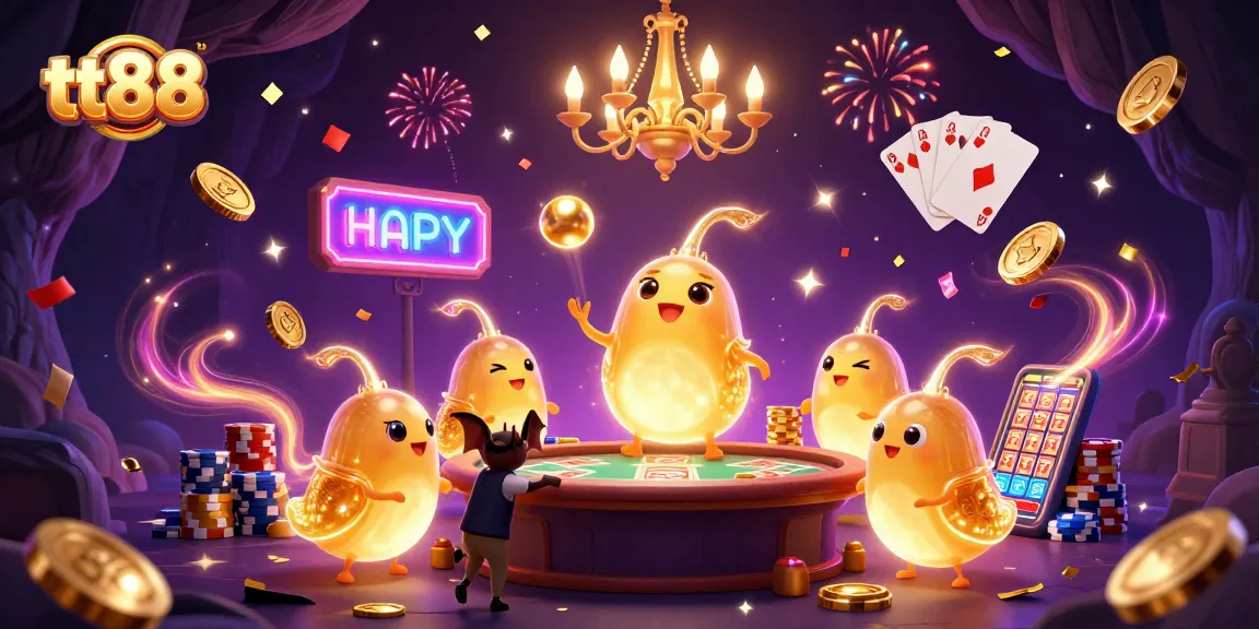 Illuminate your gaming experience at tt88 with vibrant glowworms, a bat dealer, and cascading coins in a colorful casino scene.