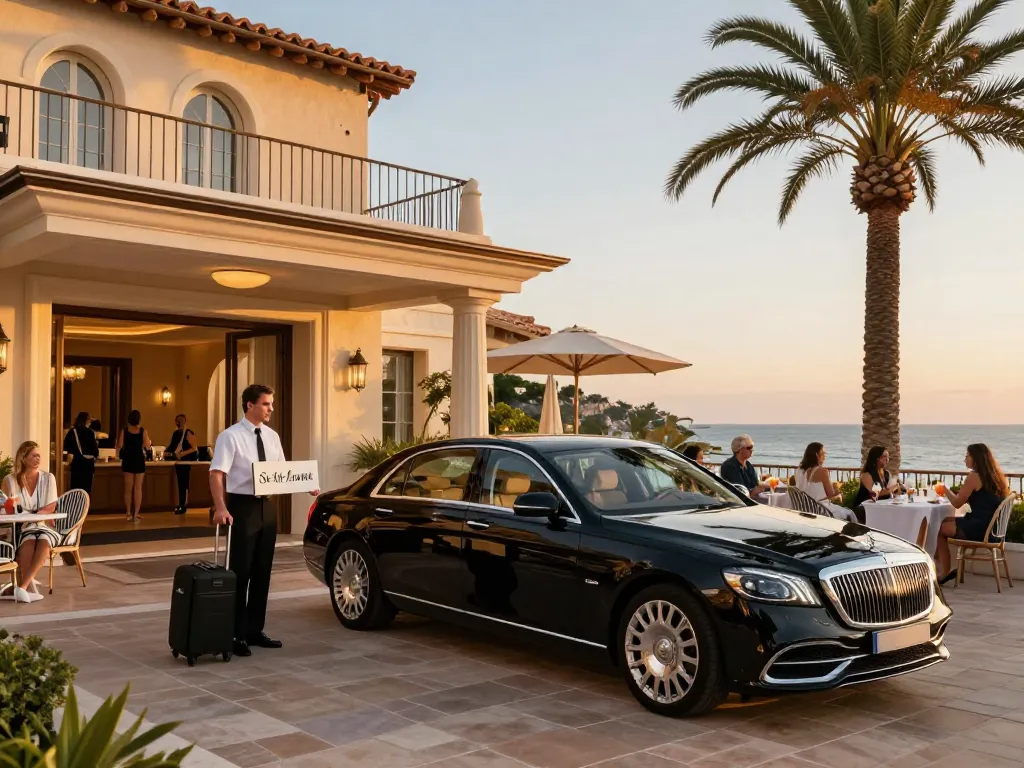 Service de Taxi St Tropez dans un hôtel de luxe accueillant les invités avec un chauffeur professionnel.