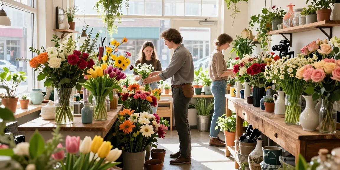 Candid florist creating beautiful arrangements of cheap flowers Edmonton in a vibrant flower shop.