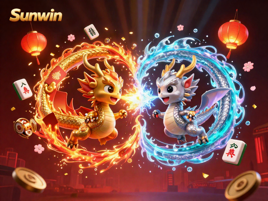 Experience Sunwin with vibrant dragons, slot machines, and festive gaming elements in a dynamic casino scene.