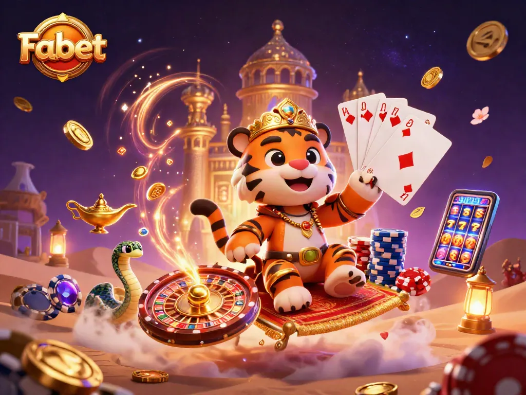 Engage with Fabet's thrilling gambling experience featuring vibrant 3D casino elements in a magical scene.