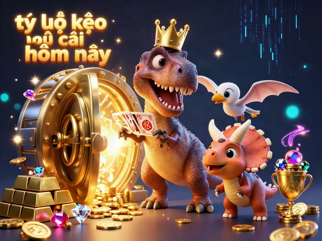 Tỷ lệ kèo nhà cái hôm nay illustrated with a friendly T-Rex shuffling cards and colorful casino elements.