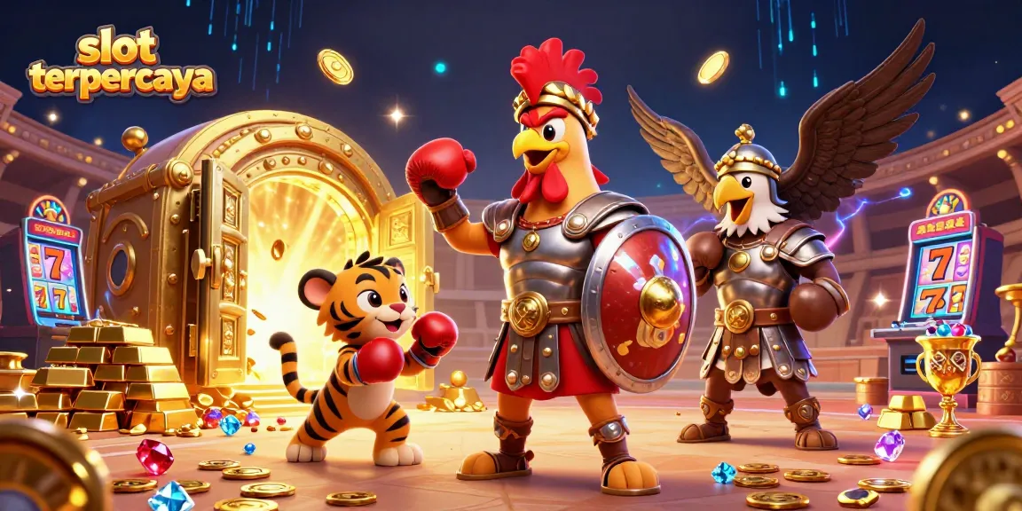 Experience the thrill with slot terpercaya as you engage in animated slot gameplay featuring a rooster and tiger cub.