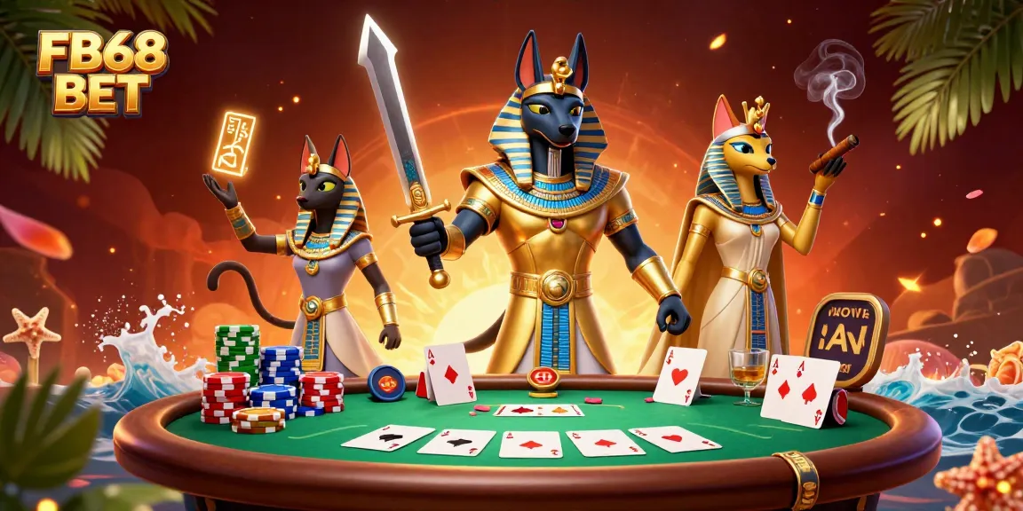 Engage with FB68 BET while experiencing a vibrant casino scene featuring a warrior and sacred cat.