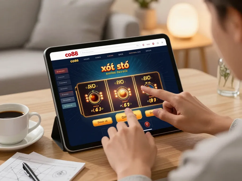 Engaging online gaming scene with co88 xổ số displayed on tablet amidst a cozy setup.