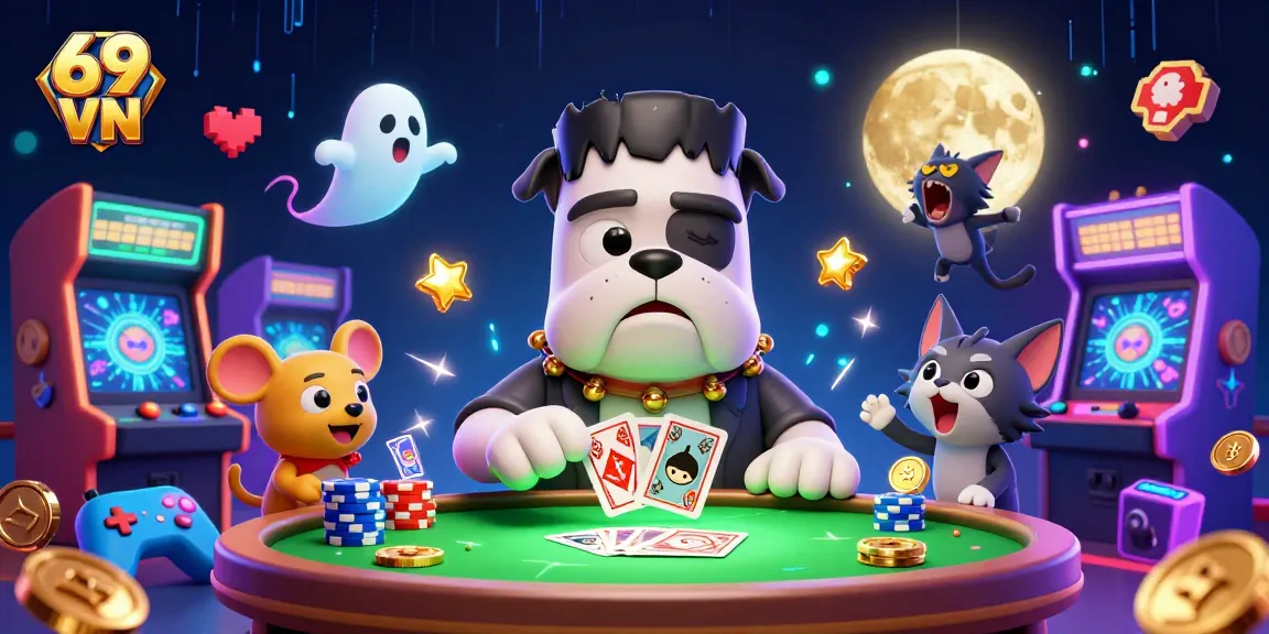 Engage with thrilling experiences at 69 VN by playing cards with vibrant characters in a dynamic casino scene.