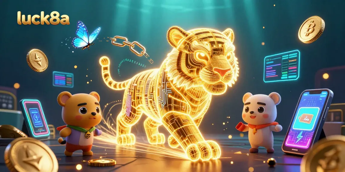 Luck8a showcases a vibrant digital casino scene featuring a golden tiger and crypto elements.