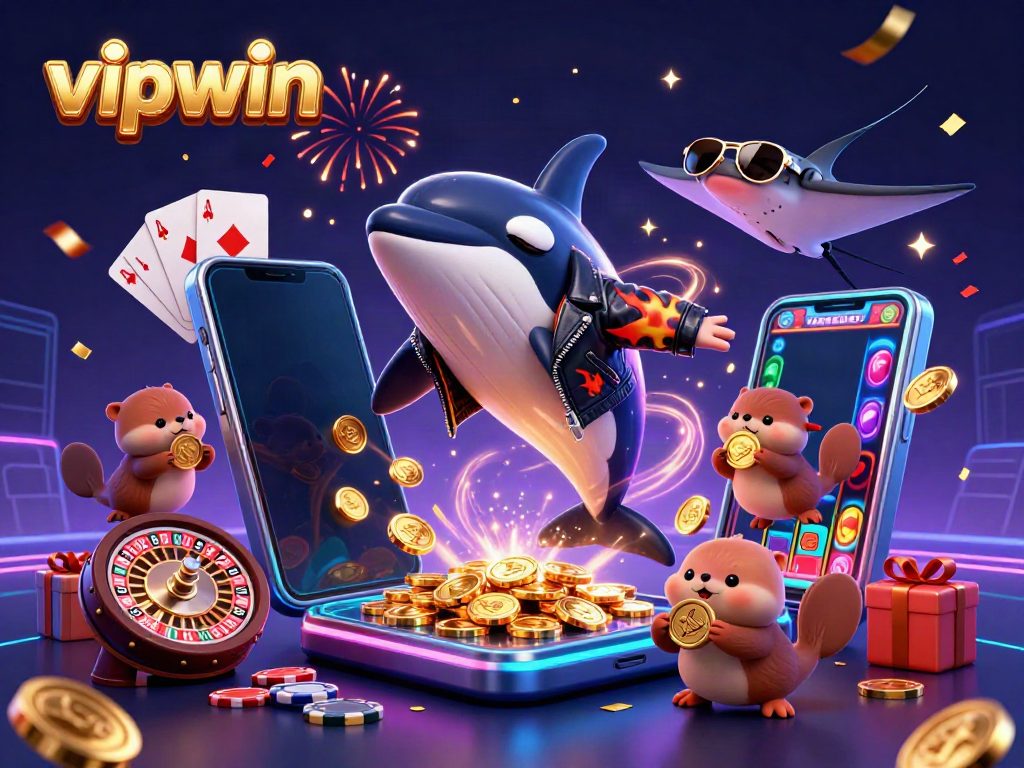 Experience the excitement of vipwin with vibrant characters celebrating wins in a dynamic casino scene.