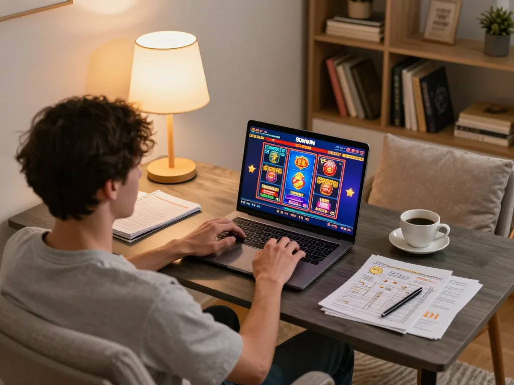 Engaging in SUNWIN online gaming session from home with strategic notes and coffee