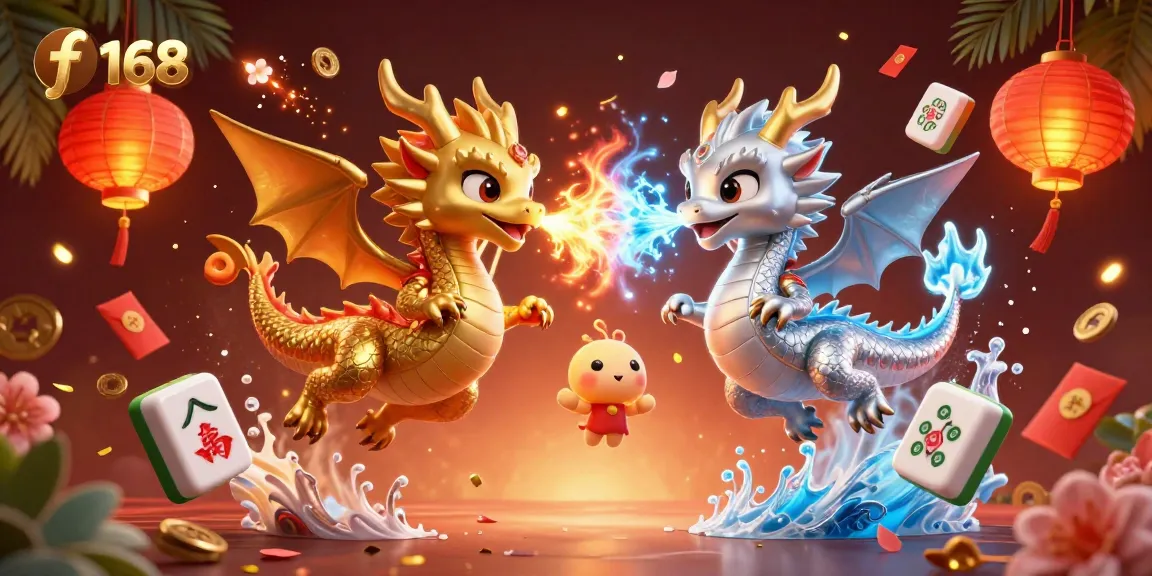 Experience thrilling gameplay with f 168, featuring two cartoon dragons and glowing casino elements.