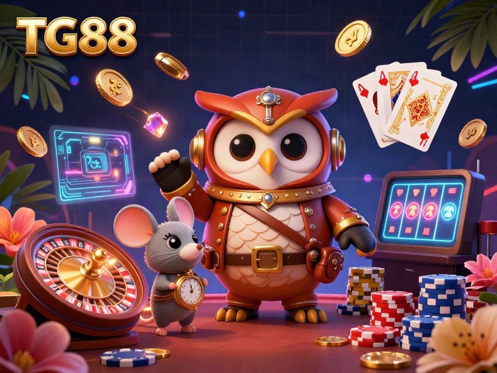 Experience the excitement of gaming with TG88's vibrant casino scene featuring a time-traveling owl and a rich assortment of game elements.