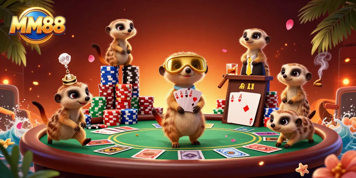 Experience thrilling wins with MM88 in a vibrant casino scene filled with meerkats.