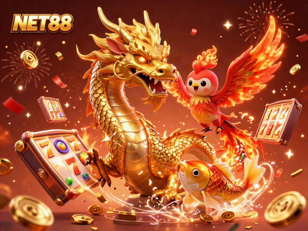 Experience high-energy slots action with NET88's vibrant 3D illustration of a dragon, phoenix, and koi fish.