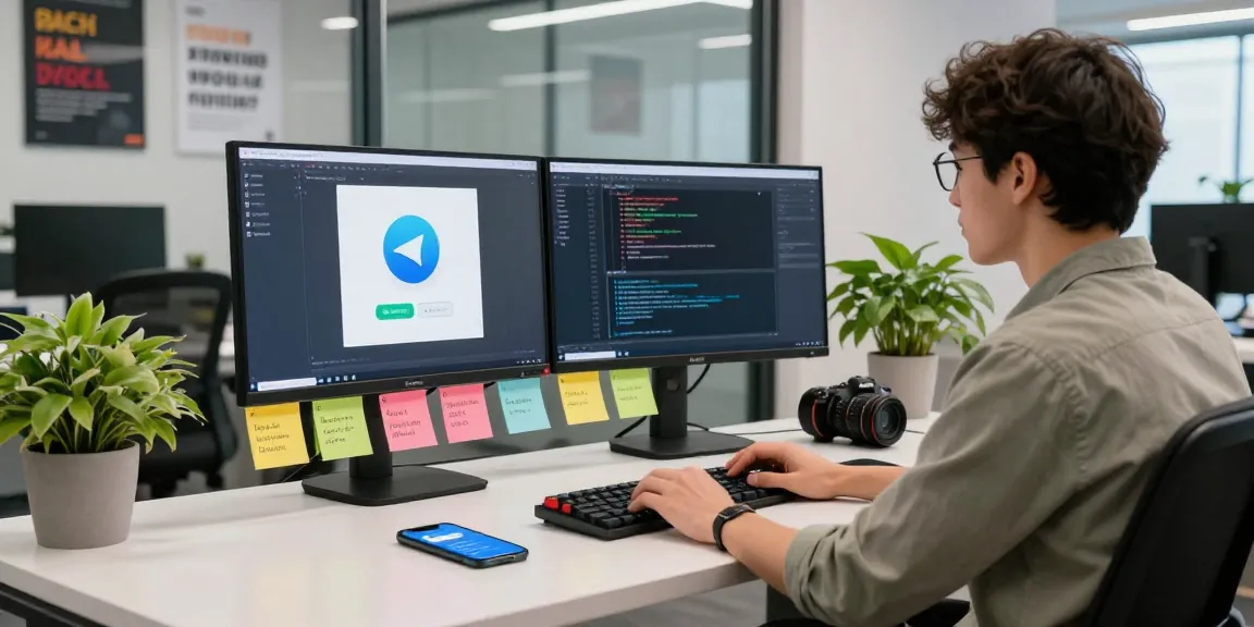 Developer demonstrating Telegram Download in a modern workspace with dual monitors and coding displays.