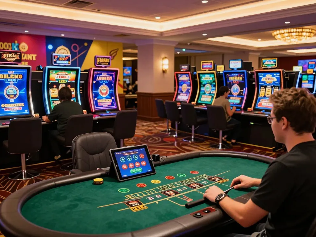 Người chơi sòng bạc trực tuyến LUCK8 tham gia trò chơi blackjack với nhà cái trực tiếp tại một thiết lập chơi game hiện đại.