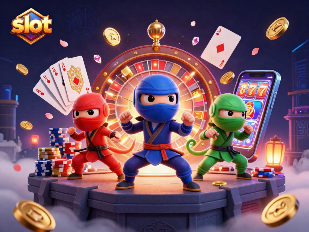 Catch slot machine action with cartoon chameleons showcasing winning poses and vibrant casino elements.